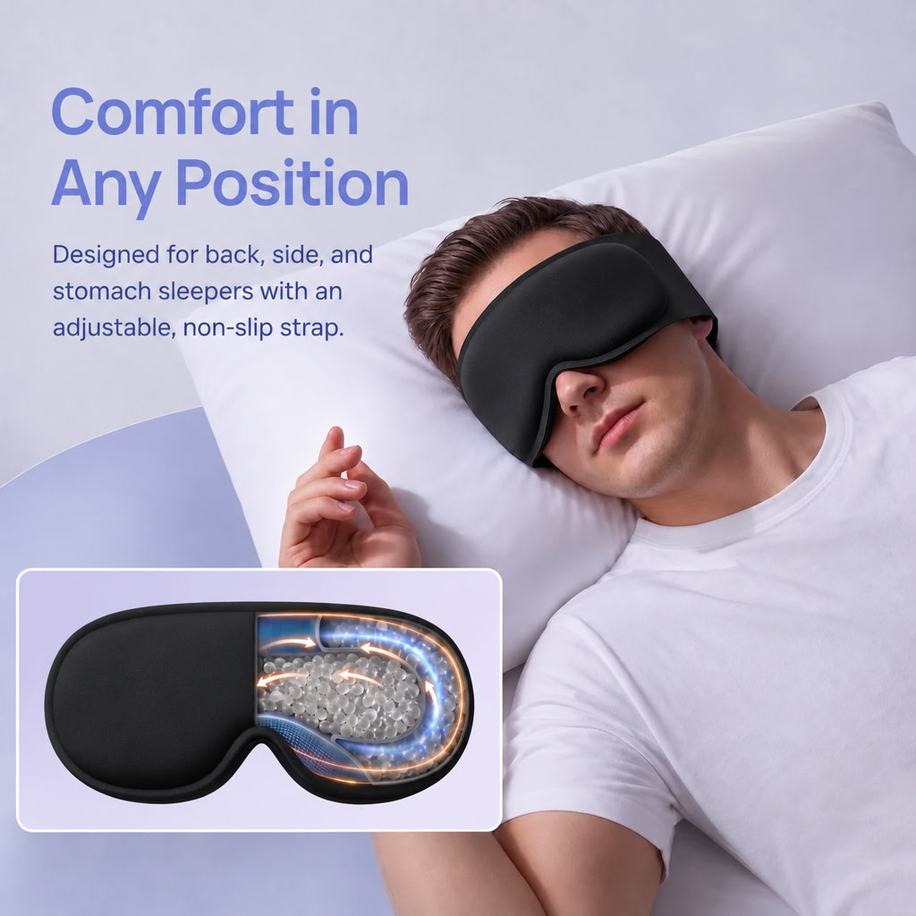 Black Nuvra weighted sleep mask with bead cutaway, comfortable in any sleep position