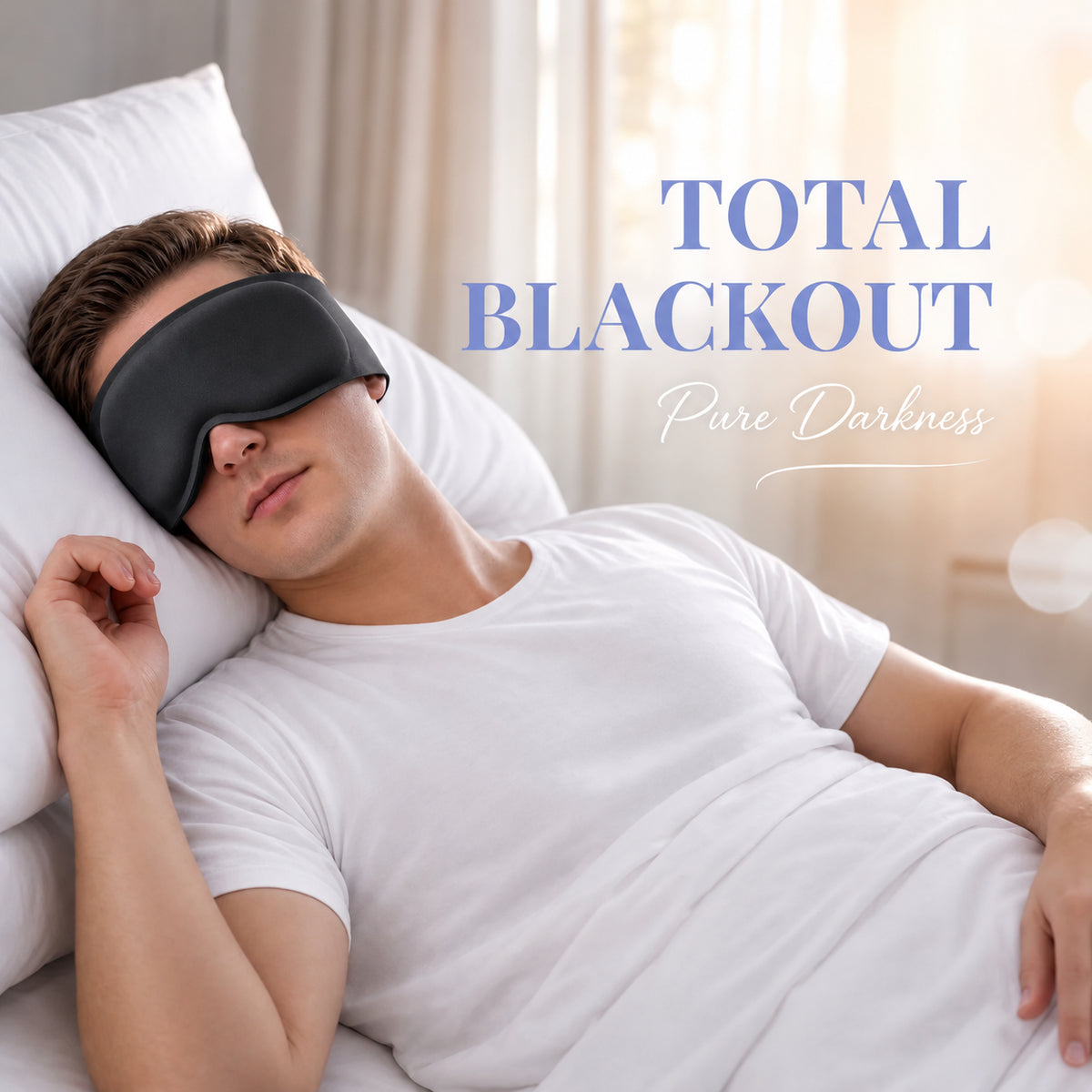 Man sleeping in the black Nuvra weighted sleep mask: total blackout
